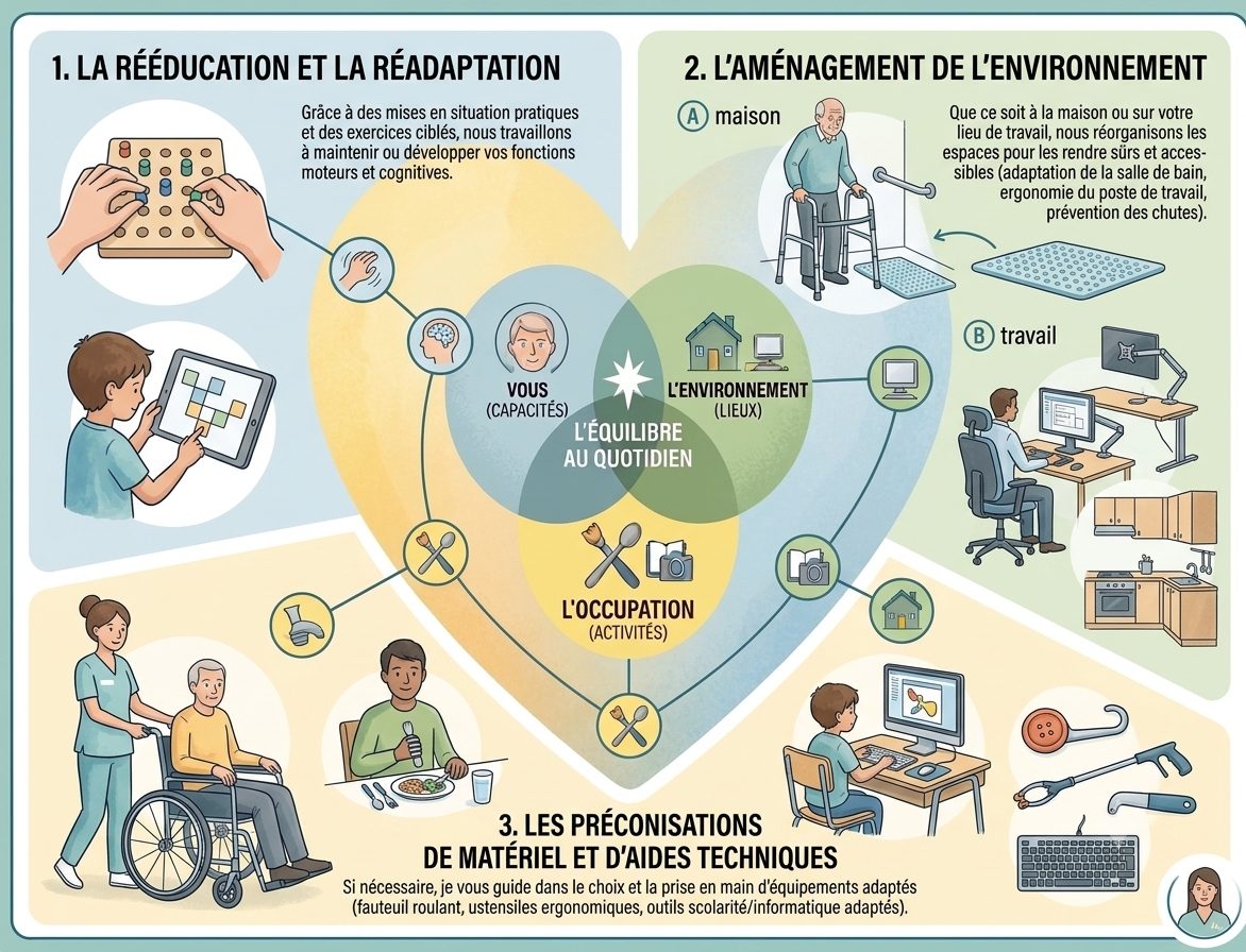 Infographie détaillant les trois axes d'intervention : rééducation et réadaptation, aménagement de l'environnement, préconisations de matériel et d'aides techniques